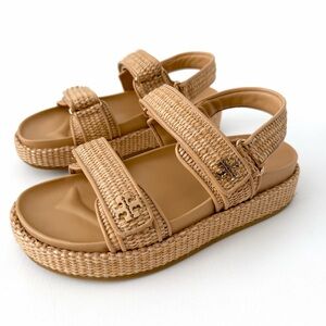 TORY BURCH | Kira Raffia Platform Sport Sandals Double T Logo Resort Summer 8.5